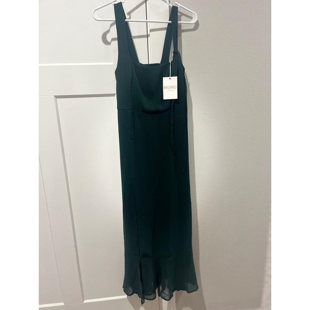 Mumu Weddings Emerald Green Smocked Bodice Maxi Dress Tie Straps Side Slit M